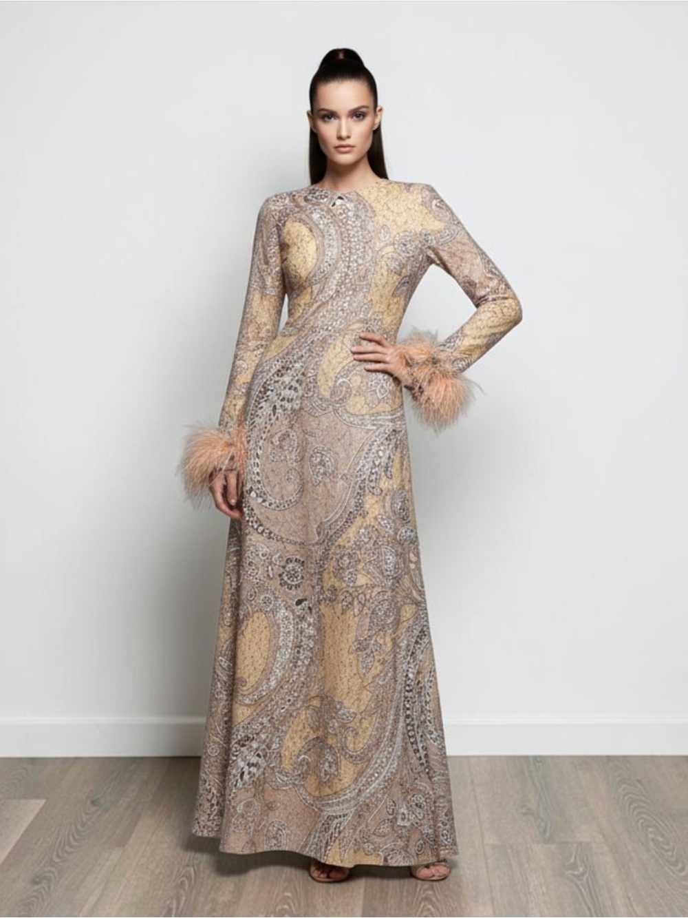 RARE AJ Bari Vintage Lace Maxi Dress Ostrish Feather Cuffs